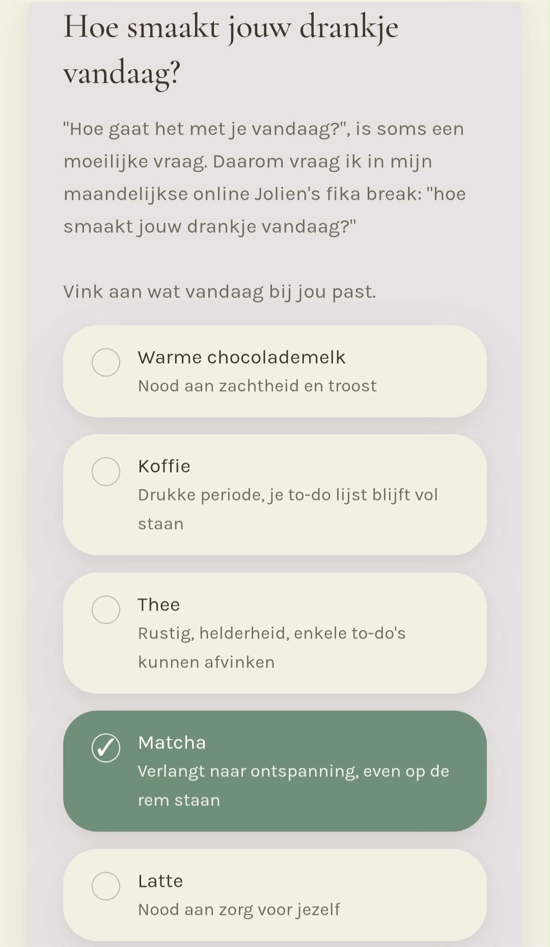 HEM. app: 'Hoe smaakt jouw drankje vandaag?' met keuzes voor warme chocolademelk, koffie, thee, matcha en latte