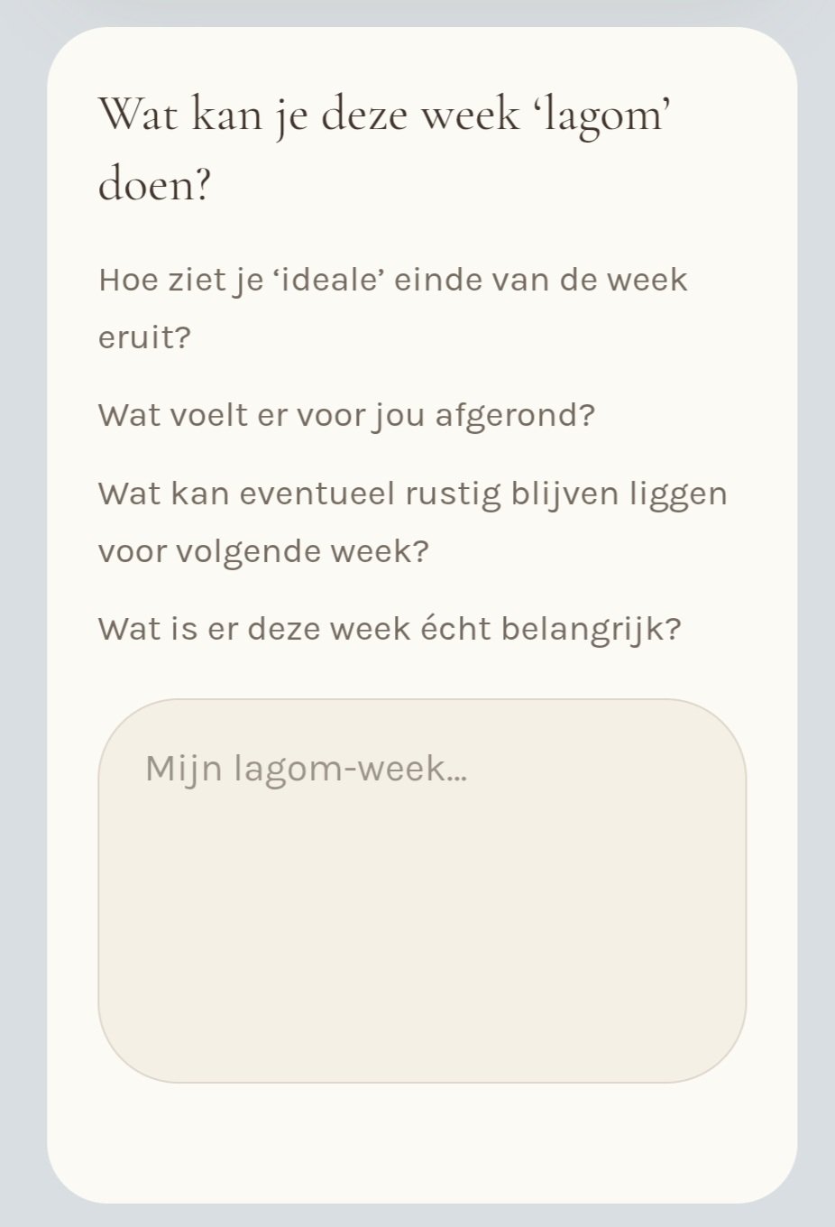 HEM. app: 'Wat kan je deze week lagom doen?' met reflectievragen voor een zachte weekafsluiting