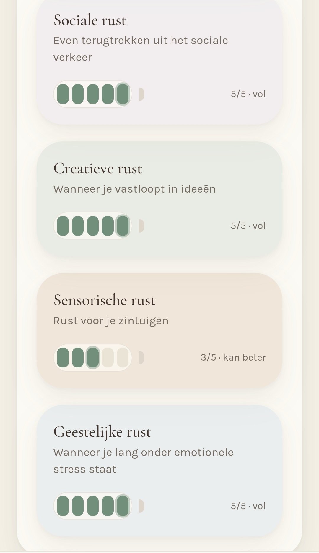 HEM. app: overzicht van rustsoorten zoals Sociale rust, Creatieve rust, Sensorische rust en Geestelijke rust